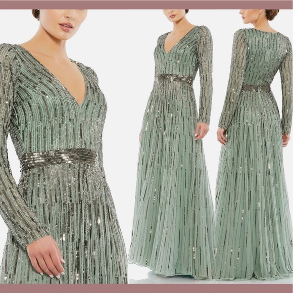 NEW $598 Mac Duggal [ 16 ] Sequined Illusion Long Sleeve A-line Gown‎ Sage Green - Picture 1 of 14